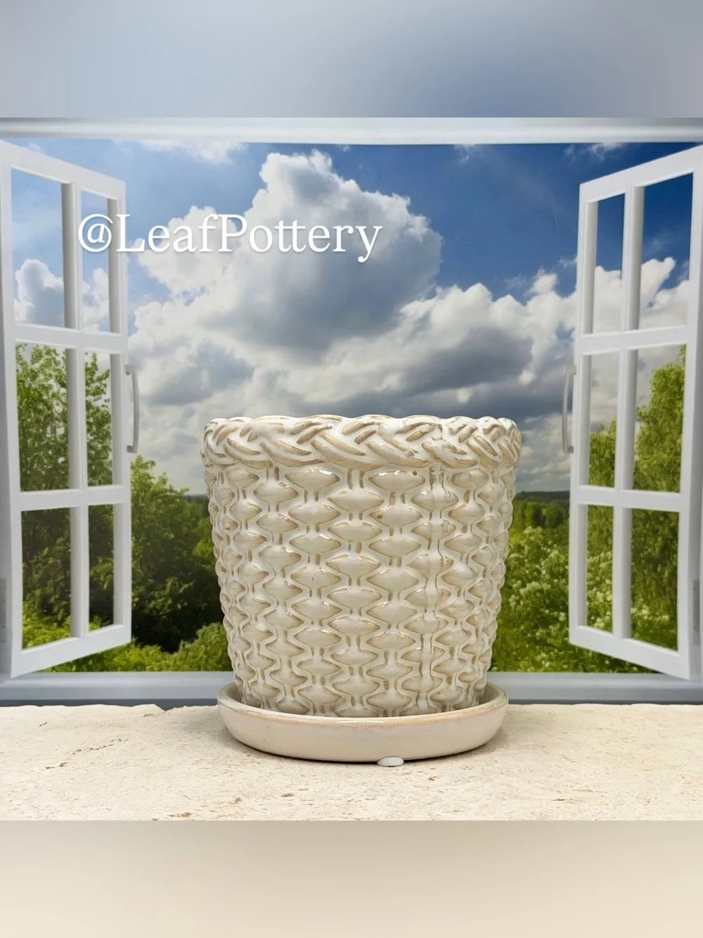 Ceramic Woven Basket Planter with Attached Saucer & Drainage Hole